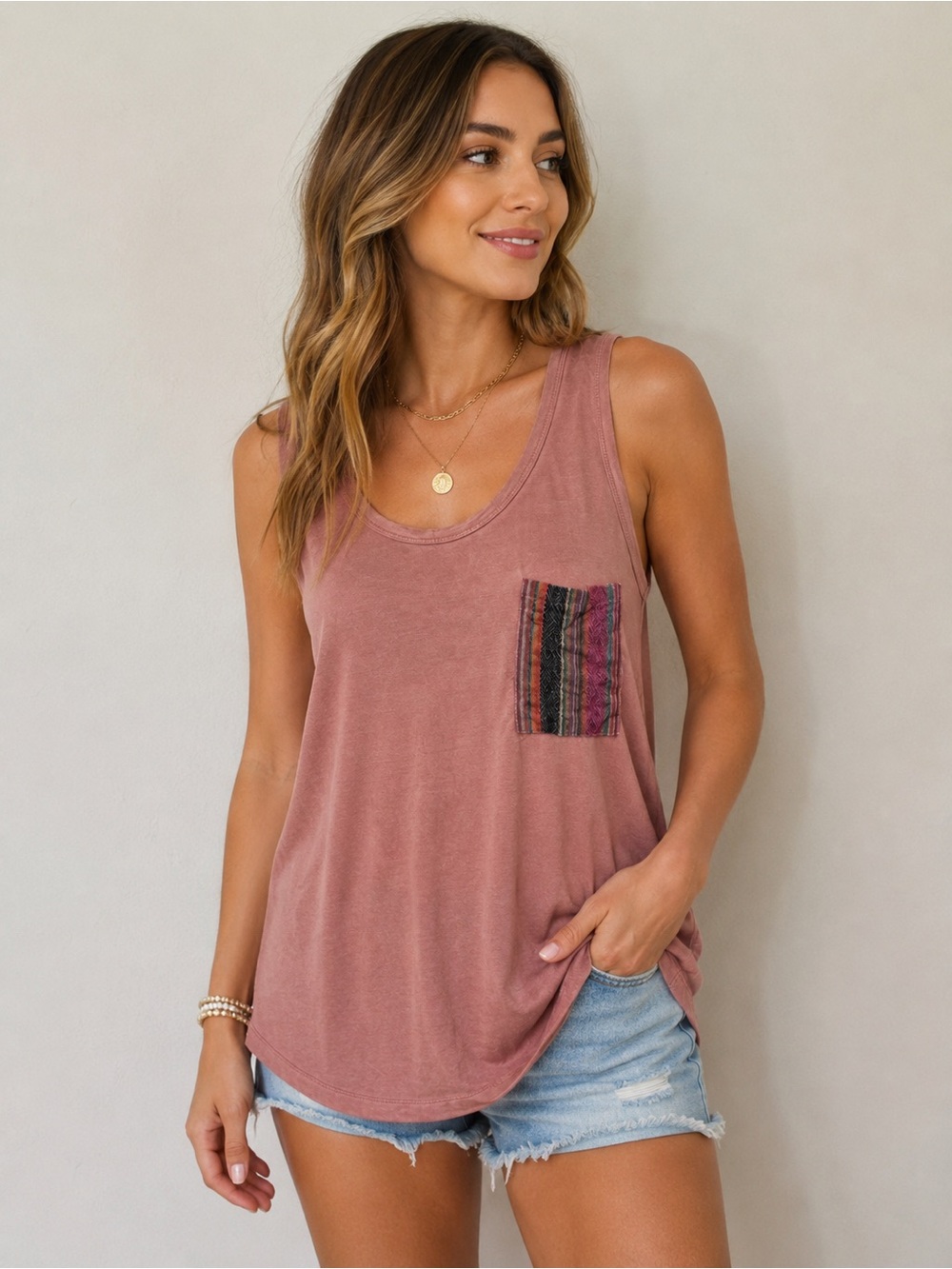 POL Mauve Sleeveless Tunic Tank Top Women’s S Boho Patch Pocket